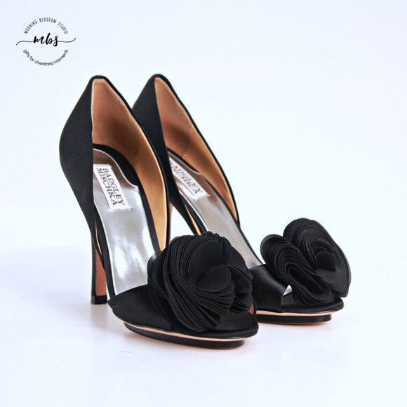 Badgley Mischka Satin Rosette Open Toe Stiletto Heels Black Women 7.5 - Picture 2 of 14